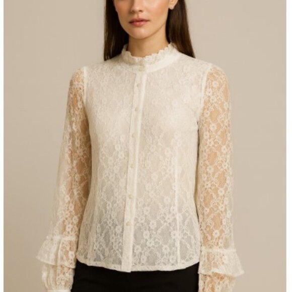TOV Holy Blouse White Lace Top Shear Button Front Womens Size S - Picture 1 of 7
